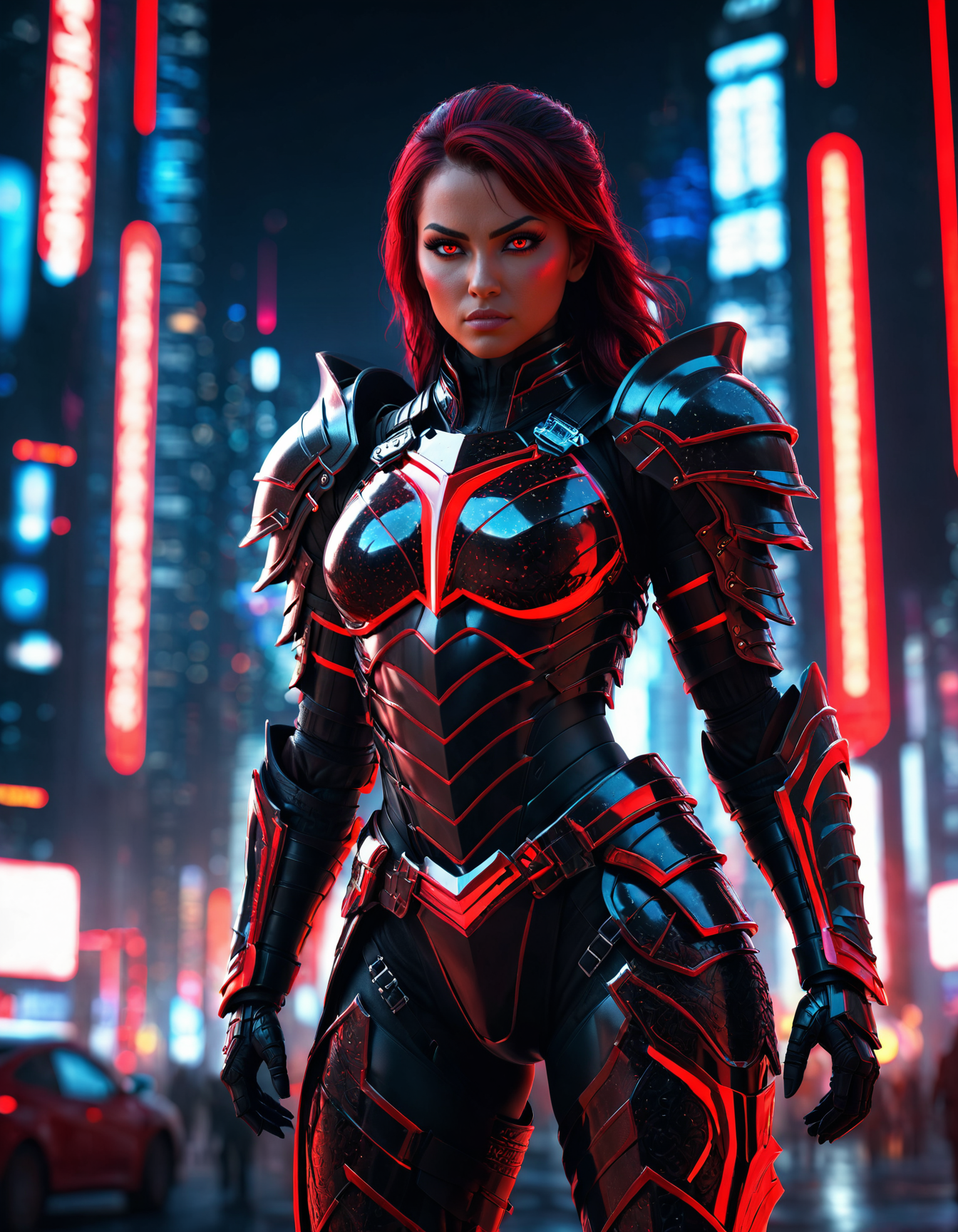 3D rendering, highly detailed, beautiful female warrior in black and red armor, standing confidently, futuristic cityscape background, glowing neon lights, high contrast, realistic textures, cinematic shot, dramatic lighting, photorealistic, intricate details, Blender, epic scale, science fiction