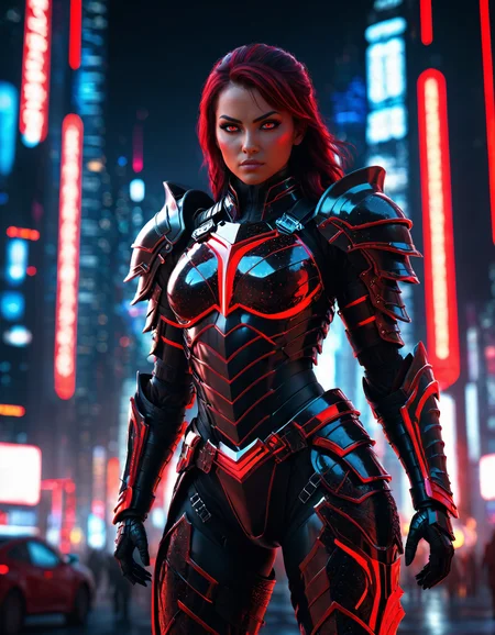 3D rendering, highly detailed, beautiful female warrior in black and red armor, standing confidently, futuristic cityscape background, glowing neon lights, high contrast, realistic textures, cinematic shot, dramatic lighting, photorealistic, intricate details, Blender, epic scale, science fiction