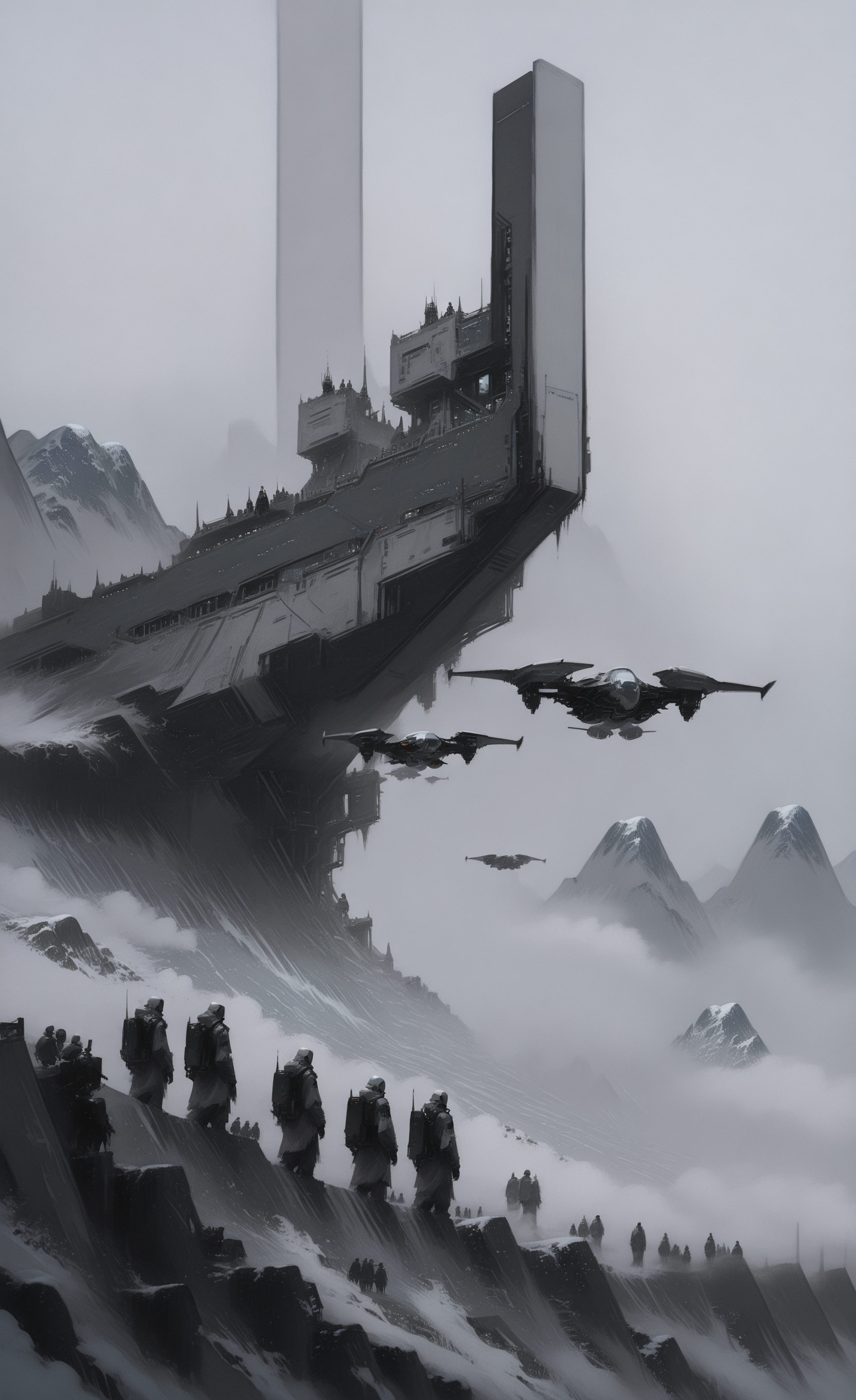 masterpiece, best quality, good quality, newest, highres, absurdres, outdoors, sky, cloud, building, scenery, snow, science fiction, flying, mountain, aircraft, multiple others, bridge, 2others, ambiguous gender, fog, spacecraft, grey sky, people, 3others, 6+others, grey theme, G0zeNA_illu, abstract, surreal,
in the style of ck-sfc,
retro_artstyle, retro, cyberpunk,in the style of cknc <lora:illustriousXL_stabilizer_v1.23:0.3> <lora:NOOB_vp1_detailer_by_volnovik_v1:0.3> <lora:ponyv6_noobE11_2_adamW-000017:0.3> <lora:ck-nc-pastel-cyberpunk:0.7> <lora:retro_scifi_artstyle_illustriousXL-000021:0.7> <lora:G0zeNA_style:0.5> <lora:ck-Sci-Fi-Concepts-IL-000015:0.8>