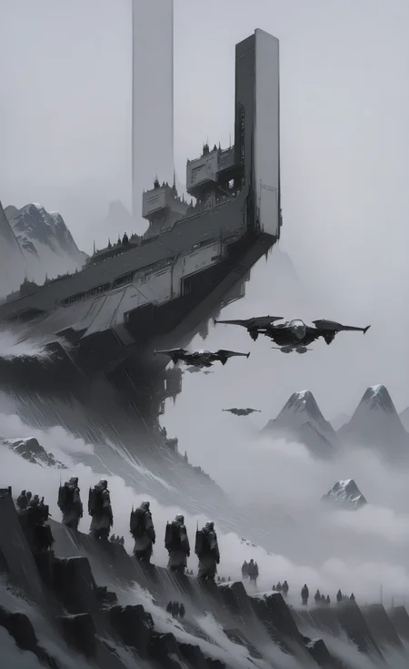 masterpiece, best quality, good quality, newest, highres, absurdres, outdoors, sky, cloud, building, scenery, snow, science fiction, flying, mountain, aircraft, multiple others, bridge, 2others, ambiguous gender, fog, spacecraft, grey sky, people, 3others, 6+others, grey theme, G0zeNA_illu, abstract, surreal,
in the style of ck-sfc,
retro_artstyle, retro, cyberpunk,in the style of cknc <lora:illustriousXL_stabilizer_v1.23:0.3> <lora:NOOB_vp1_detailer_by_volnovik_v1:0.3> <lora:ponyv6_noobE11_2_adamW-000017:0.3> <lora:ck-nc-pastel-cyberpunk:0.7> <lora:retro_scifi_artstyle_illustriousXL-000021:0.7> <lora:G0zeNA_style:0.5> <lora:ck-Sci-Fi-Concepts-IL-000015:0.8>