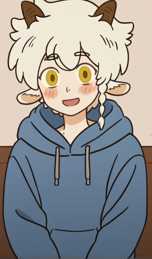 score_9, 1boy, solo, animal ears, horns, white hair, male focus, yellow eyes, braid, short hair, hoodie,  smile, blush, mouth open, looking at viewer, <lora:Neil_Bowman:1>
