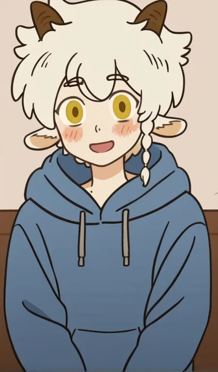 score_9, 1boy, solo, animal ears, horns, white hair, male focus, yellow eyes, braid, short hair, hoodie,  smile, blush, mouth open, looking at viewer, <lora:Neil_Bowman:1>