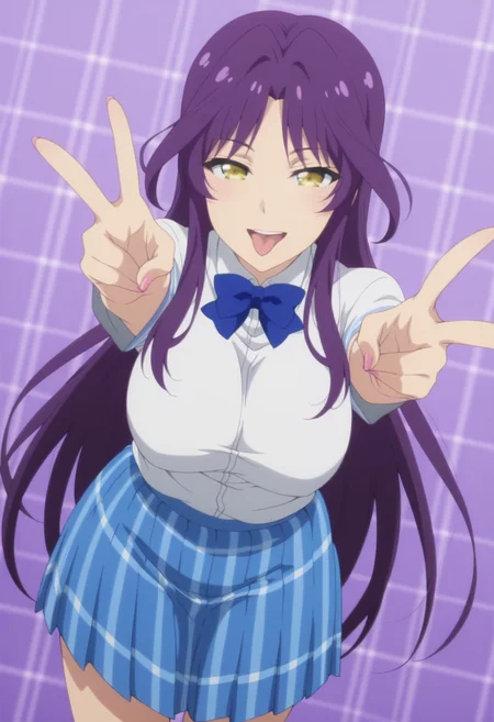 anime screencap, anime coloring,   <lora:DX888Kyou:1> goshouin kyou, yellow eyes, purple hair, very long hair, parted bangs BREAK  school uniform, white shirt, blue bowtie, plaid skirt, blue skirt BREAK simple background, purple background,  plaid background, BREAK 1girl, :d, cowboy shot, double gyaru v, gyaru v, looking at viewer, open mouth, smile, solo, standing, tongue out, (dutch angle:1.2), bent over,