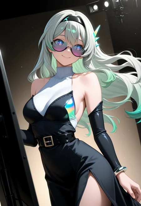 masterpiece, best quality, 1girl, solo, F1reflyJourney, blue pupils, purple eyes, blue eyes, grey hair, green hair, multicolored hair, long hair, black hairband, floating hair ornament, holographic hair ornament, tinted eyewear, white halterneck, ribbed halterneck, black dress, black belt, detached sleeves, bracelet, side slit, modeling, photo shoot, dutch angle, posing, smile, <lora:ChamFireflyNoob:1>