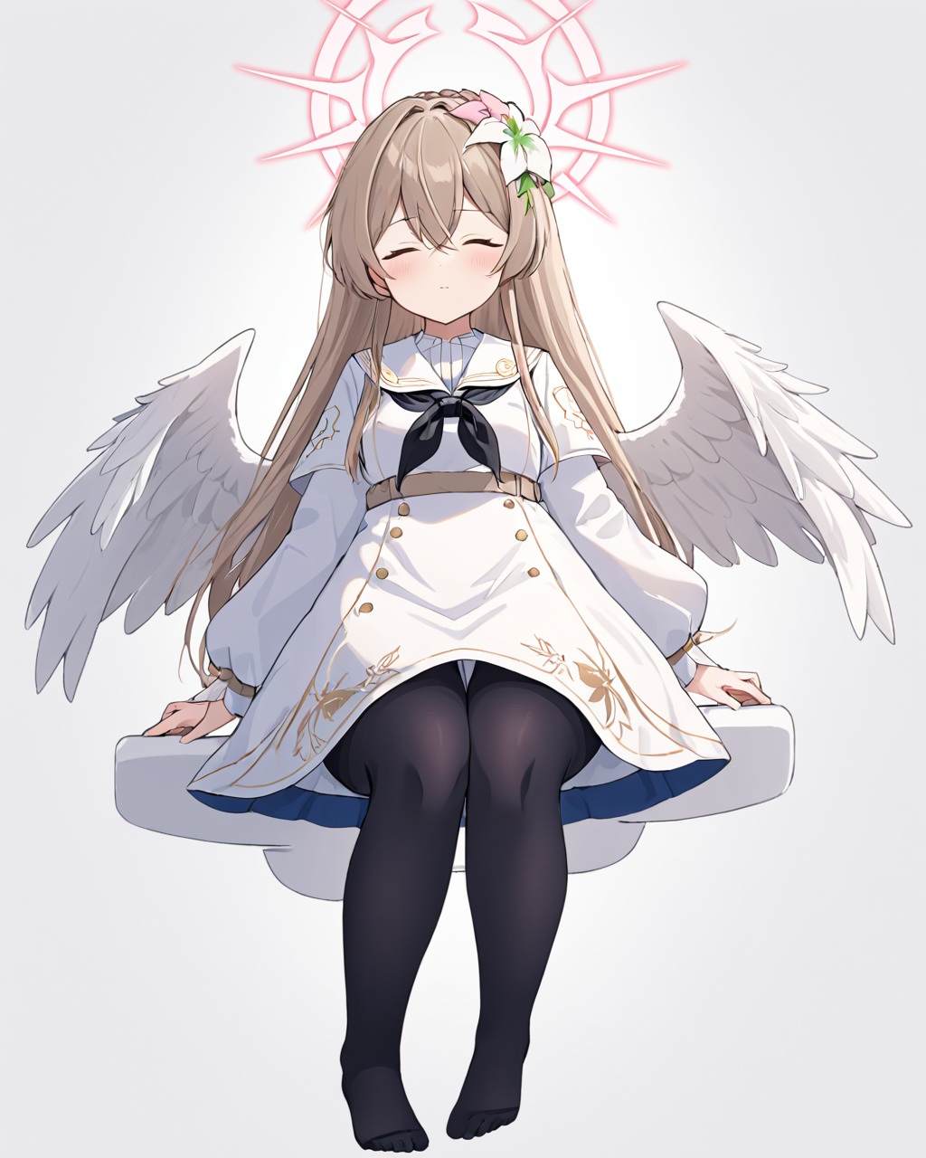 breathtaking,nagisa \(blue archive\),1girl, solo, looking at viewer, simple background, hair ornament, long sleeves, white background, dress, holding, closed mouth, braid, flower, pantyhose, one eye closed, wings, hair flower, sailor collar, white dress, neckerchief, gun, black pantyhose, feet out of frame, halo, holding cup, feathered wings, teacup, light blush, angel wings, white sailor collar, white wings, holster, low wings, black neckerchief
  <lora:Nagisa_image98_v1-000040:1> . gorgeous,key visual, vibrant, studio anime,award-winning, professional, highly detailed,high budget, cinemascope