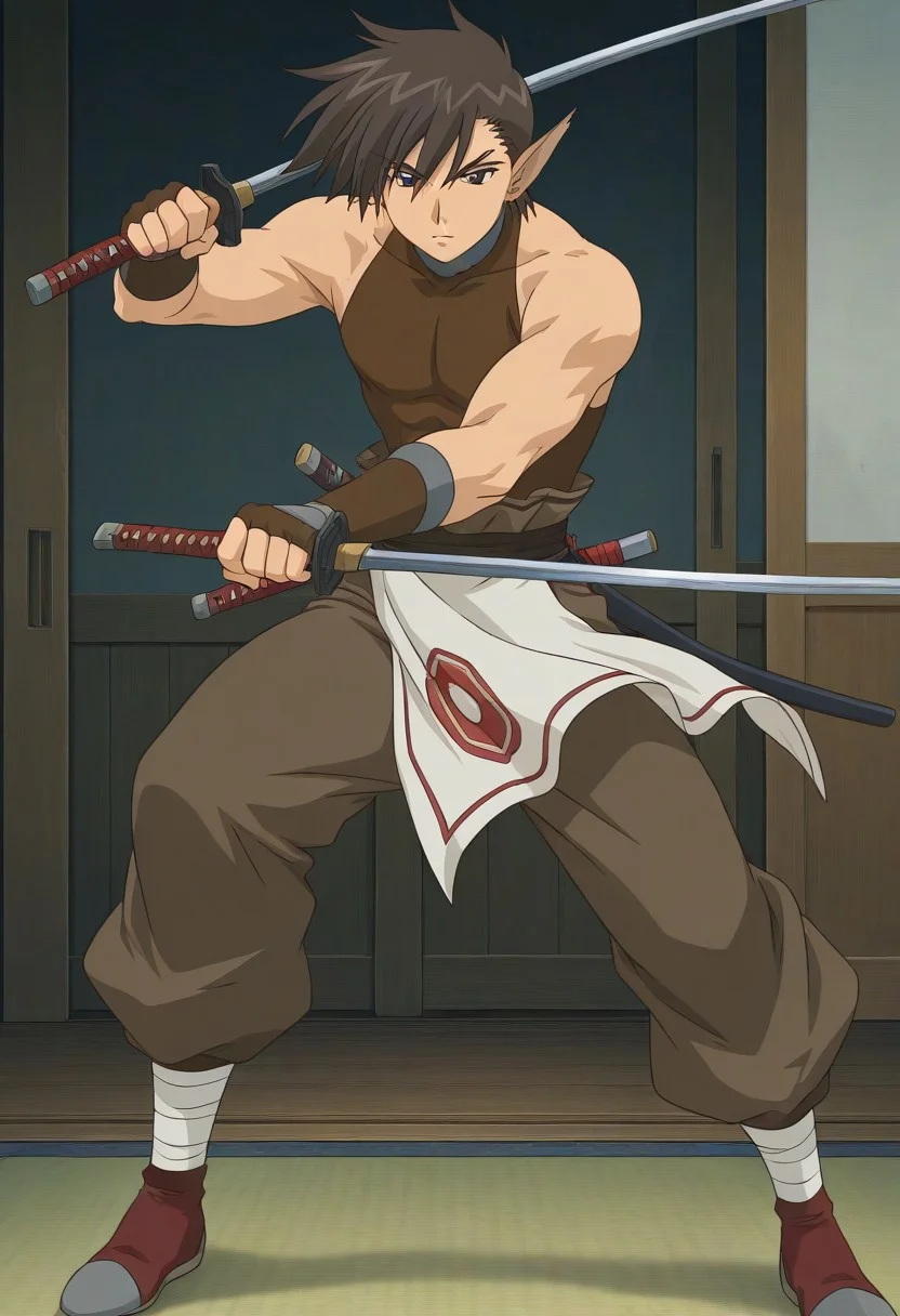 ((masterpiece)), ((best quality)), ((ultra-detailed)), ((absurdres)), score_9_up, score_8_up, score_7_up,
HD, top quality, best quality, amazing quality, High-quality illustrations, anime screencap, anime coloring, source_anime, best aesthetic, very aesthetic, perfect proportions, perfect eyes, 1boy, 1male, solo boy, solo male, male focus, solo male focus, Anime, boy, male anime character, anime boy, handsome, cute, charming, sexy, good-looking, Oboro, brown hair, long spiky bangs, spiked hair, brown eyes, pointed ears, brown sleeveless turtleneck, brown arm gauntlets, brown pants, baggy pants, long white loincloth, ankle bandages, red shoes, ((toned body, muscular body)), ((full body shot)), ((feudal Japan, historical Japan)), ((2000s anime art style)), ((katana)), ((katana sword fight)), ((fighting stance, action scene))