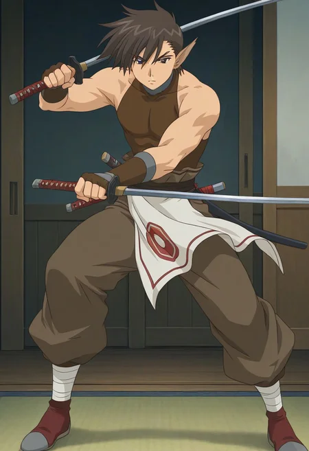 ((masterpiece)), ((best quality)), ((ultra-detailed)), ((absurdres)), score_9_up, score_8_up, score_7_up,
HD, top quality, best quality, amazing quality, High-quality illustrations, anime screencap, anime coloring, source_anime, best aesthetic, very aesthetic, perfect proportions, perfect eyes, 1boy, 1male, solo boy, solo male, male focus, solo male focus, Anime, boy, male anime character, anime boy, handsome, cute, charming, sexy, good-looking, Oboro, brown hair, long spiky bangs, spiked hair, brown eyes, pointed ears, brown sleeveless turtleneck, brown arm gauntlets, brown pants, baggy pants, long white loincloth, ankle bandages, red shoes, ((toned body, muscular body)), ((full body shot)), ((feudal Japan, historical Japan)), ((2000s anime art style)), ((katana)), ((katana sword fight)), ((fighting stance, action scene))
