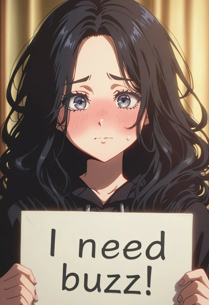 score_9, score_8_up, Enchanting Eyes, LDSCH Style, aesthetic, absurdres, beautiful, highres, detailed eyes,
Solo, 1girl, long hair black hair, flustered cheeks, shy face, need_buzz, holding sign,