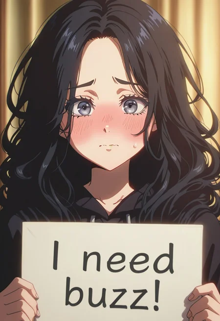 score_9, score_8_up, Enchanting Eyes, LDSCH Style, aesthetic, absurdres, beautiful, highres, detailed eyes,
Solo, 1girl, long hair black hair, flustered cheeks, shy face, need_buzz, holding sign,