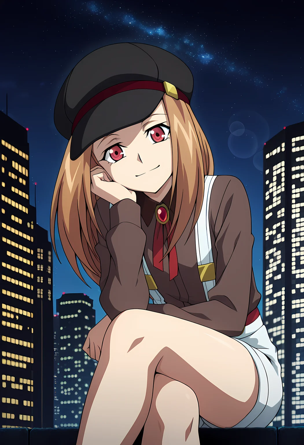 masterpiece,best quality,amazing quality,
solo,
Noa Hoshizaki (Cardfight Vanguard), long hair, brown hair,
red eyes, cabbie hat, black headwear, brown shirt, collared shirt, neck ribbon, red ribbon, long sleeves, white shorts, suspenders, suspender shorts,
looking at viewer, smile, cheeks leaning on arm,
cinematic, cross legs, crossing legs,
Outdoors, night, On top skyscraper, sci-fi city, (galaxy sky:1.2),
Lens flare, bloom,
Official style, anime screencap, anime coloring,