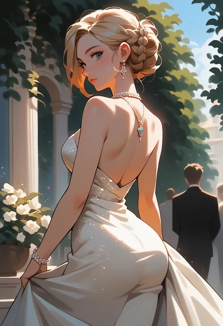 score_9, score_8_up, score_7_up, score_6_up, 1girl,  <lora:bg4XLP:0.8> bg4, French braid, elegant, sparkling, dress, necklace, large boobs, pendant, round butt, outdoor wedding,