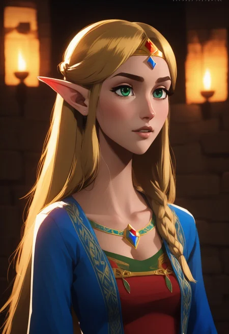 <lora:Zelda_NSFW-V1:0.7>, princess zelda/the legend of zelda/, green eyes, thick eyebrows, jewelry, blonde hair, long hair, bangs, parted bangs, sidelocks, blue shirt, tight pants, triforce, medium breasts, teeth, lips, thin lips, solo, looking at viewer, open mouth, holding lollipop, chupa chups, upper body, drooling, from below, back lighting, dark, multicolored background, masterpiece, best quality, very aesthetic, slutty facial expression,