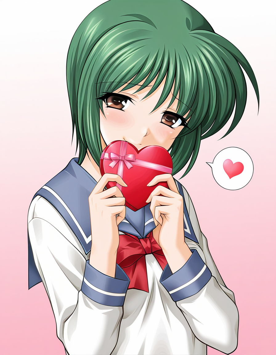 masterpiece, best quality, amazing quality, very aesthetic, absurdres, official art, ultra detailed,
1girl, solo, yasuda_mizuki, green hair, short hair, brown eyes BREAK
school uniform, serafuku, red bow, skirt, 
purple long sleeves, pants, 
lovestruck, shy smile, blush, head tilt, looking at viewer, spoken heart, standing, holding heart gift, hand over own mouth, gradient background, pink background, front view, upper body, ultra detailed, best hands
<lora:yasuda mizuki v1.0-000015:1>