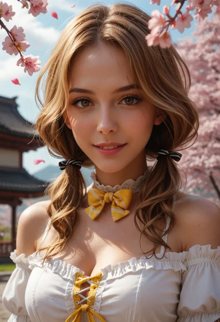 score_9_up, score_8_up, score_7_up, score_6_up, 1girl, 25 years old, perfect face, (adult:1.2), sexy,
three quarter view, detailed face, portrait, face focus, depth of field, looking at viewer, blush, shy smile, close up,
brown eyes,
yellow hair, long hair, low twintails, wavy hair, sidelocks, floating hair, hair between eyes, hair ribbon, black ribbon,
bow choker, yellow choker,
cross-laced clothes, striped clothes,
bare shoulders, frilled sleeves, frills, off-shoulder shirt,
(((white shirt))), frilled shirt, puffy sleeves, yellow bow, striped bow, yellow bowtie,
floating clothes,
day, blue sky, cherry blossoms, falling petals, outdoors, spring (season), wind, (mature), cute