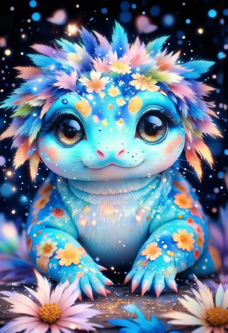 axolotl, flowers and feathers. against a pitch black background. Picturesque, surreal, vibrant glow, bokeh, 8k,
perfection style, detailed background, aidmaMJ6.1, vivid color, simple background, watercolor painting, ArsMJStyle, Cute, small zhibi, cute