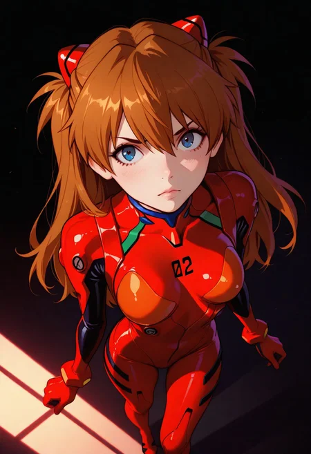 masterpiece, best quality, amazing quality, very aesthetic, (flat colors:1), (Artist:ilya kuvshinov:1), 1 girl, asuka langley,  , dark background, volumetric lighting, from above