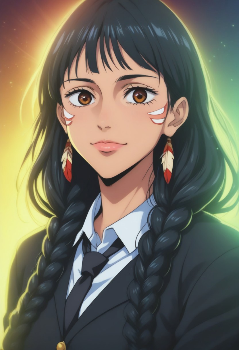 score_9, score_8_up, score_7_up, source_anime, intricate details, anime screencap, perfect balance, official art, extremely detailed CG unity 8k wallpaper, perfect lighting, Colorful, Warm_Front_face_Lighting, (masterpiece:1.0),(best_quality:1.0), ultra high res,4K,ultra-detailed, photography, 8K, HDR, highres, absurdres:1.2, Kodak portra 400, blurry background, bokeh, lens flare, (Anime) (vibrant_color:1.2), professional photograph, night, (cute_face:1.2), 2d, anime, upper body, intricate iris, American, Professional character design, 1girl, female focus, (Brown eyes), perfect eyes, (black-hair), Native American, Indigenous, American Indian, youthful, solo, jujutsu_kaisen_style, character portrait, (perfect-lighting), face, young, (Dark-black-hair), Long hair, (Native American), Indigenous, American Indian, (((wild eyes))), (Native North American), (Upturned eyes), (high cheekbones), (strong jawline), (Black Hair), ((((Native-American-Eagle-feather-braids, Native American Eagle feather accessories)))), (Black Cowboy Jacket), (((wild eyes))) ((Bobbed Bangs)) (((Slanted-Eyes))) (Psycho) (Happy) (Friendly) (Goofy) (Dark Black Jacket) (White Dress Shirt), (Warpaint), (Redwood Forest, Pacific Northwest Forests), (Inuit), (Tan skin), (Dark Skin), (Brown skin), (bobbed hair), White Eagle-Feather-Earrings, Thick Bangs, Bobbed hair, Bob-cut, White-Feather-Earrings, Brown-skin, Inuit Face-paint, Full-Bangs, Wide-Bangs, Thick-Hair, Native Face-paint, Black Necktie