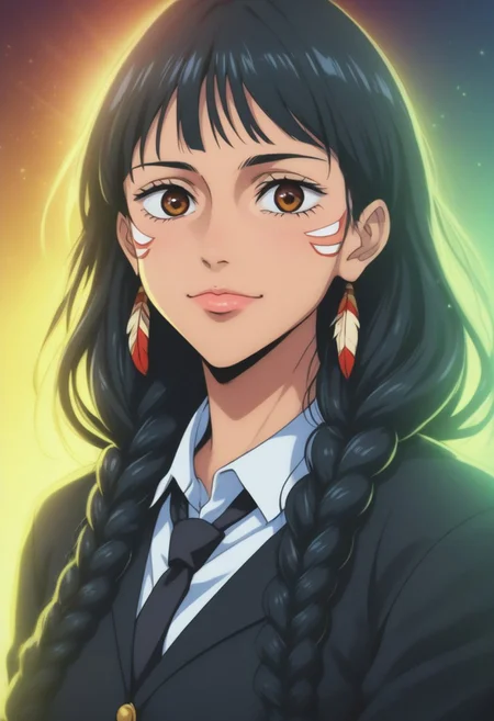 score_9, score_8_up, score_7_up, source_anime, intricate details, anime screencap, perfect balance, official art, extremely detailed CG unity 8k wallpaper, perfect lighting, Colorful, Warm_Front_face_Lighting, (masterpiece:1.0),(best_quality:1.0), ultra high res,4K,ultra-detailed, photography, 8K, HDR, highres, absurdres:1.2, Kodak portra 400, blurry background, bokeh, lens flare, (Anime) (vibrant_color:1.2), professional photograph, night, (cute_face:1.2), 2d, anime, upper body, intricate iris, American, Professional character design, 1girl, female focus, (Brown eyes), perfect eyes, (black-hair), Native American, Indigenous, American Indian, youthful, solo, jujutsu_kaisen_style, character portrait, (perfect-lighting), face, young, (Dark-black-hair), Long hair, (Native American), Indigenous, American Indian, (((wild eyes))), (Native North American), (Upturned eyes), (high cheekbones), (strong jawline), (Black Hair), ((((Native-American-Eagle-feather-braids, Native American Eagle feather accessories)))), (Black Cowboy Jacket), (((wild eyes))) ((Bobbed Bangs)) (((Slanted-Eyes))) (Psycho) (Happy) (Friendly) (Goofy) (Dark Black Jacket) (White Dress Shirt), (Warpaint), (Redwood Forest, Pacific Northwest Forests), (Inuit), (Tan skin), (Dark Skin), (Brown skin), (bobbed hair), White Eagle-Feather-Earrings, Thick Bangs, Bobbed hair, Bob-cut, White-Feather-Earrings, Brown-skin, Inuit Face-paint, Full-Bangs, Wide-Bangs, Thick-Hair, Native Face-paint, Black Necktie