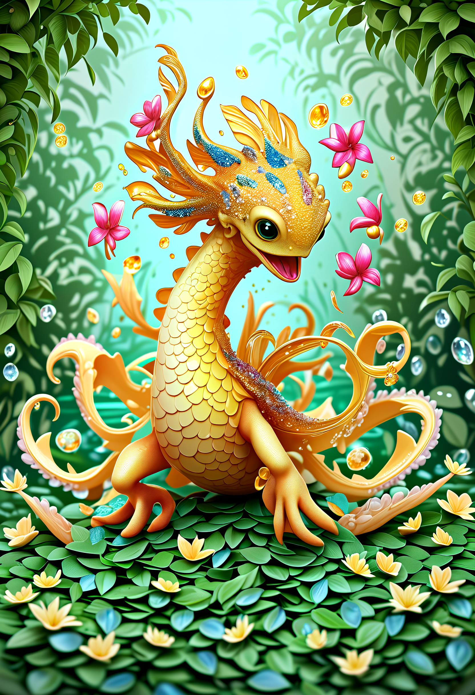 illustrious, Darling, kraken hatchling, dancing on leaves and flower petals made of brccl, crystalz style and dvr-honey, intricate details, colorful, magical, realism, hyperrealistic