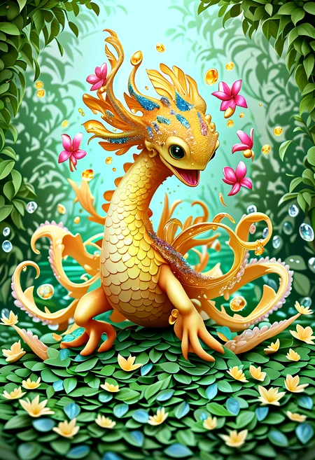 illustrious, Darling, kraken hatchling, dancing on leaves and flower petals made of brccl, crystalz style and dvr-honey, intricate details, colorful, magical, realism, hyperrealistic