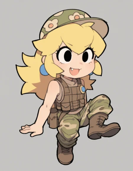 zPDXL, score_9, score_8_up, score_7_up, source_anime, flat color, sketch,
1girl, solo, skin fang, (leaning_back), Princess Peach, blonde hair, long hair, soldier wearing Sleeveless top with tactical vest, camo pants, combat boots, boonie hat,
<lora:TemmieChang_ver2:1> tmchng, chibi, black eyes