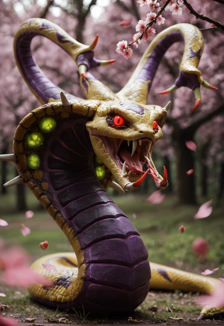 <lora:venomancer_v1:0.8>
venomancer_v1,
pokemon (creature), no humans, monster, duel monster,
dragon, snake,
fangs,spikes, claws, horns, tail,
red eyes, glowing eyes,
teeth, tongue, sharp teeth,, score_9, score_8_up, score_7_up, score_6_up, derpibooru_p_95,
detailed eyes, beautiful, detailed background, perfect eyes,
solo,
Cherry tree, Pink leaves, purple bark, Ivy vines,, dancing pose,
blur censor, blurry, blurry background, blurry foreground, bokeh, motion blur,
chromatic aberration, depth of field, figure, focused, focus
photography, realistic sun light and shadows, photorealism, UHD --ar 9:16 --style raw --stylize 700,