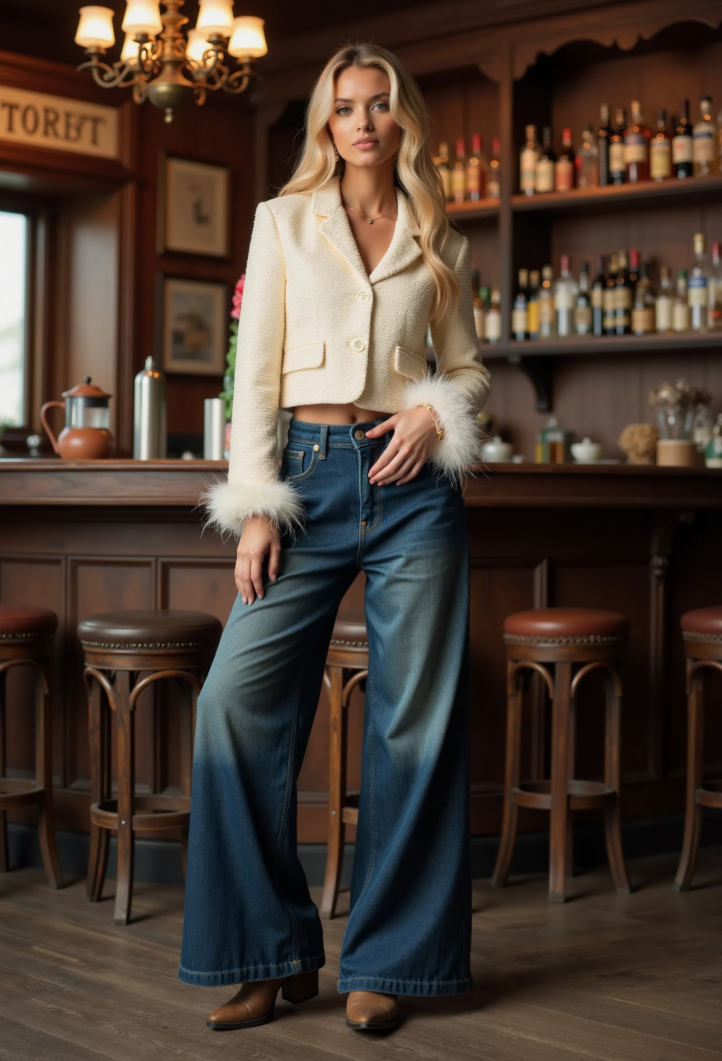 clo030, full-body shot, beautiful woman, long straight blonde hair, wearing a cream cropped blazer with feathered cuffs and high-waisted wide-leg denim jeans, cowboy boots, posing on a bar stool in a old western saloon