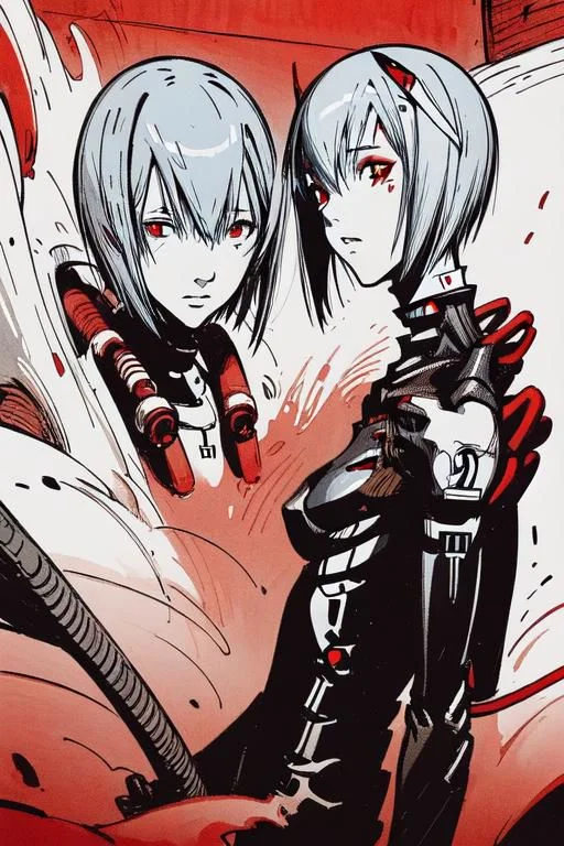 <lora:blame5:1>, cyborg rei ayanami, (ayanami rei:1.2), blue hair, short hair, (red eyes:1.3), portrait, dim light, ((heavy black and white)), only head portrait, blame, full of tubes, biomechanical, giger, horror, mechanical, tubes and metal, rei ayanami, (ayanami rei:1.2), blue hair, short hair, (red eyes:1.3),, bodysuit, headgear, plugsuit, black bodysuit, , hand drawn, pencil drawn, watercolor, painting, handmade