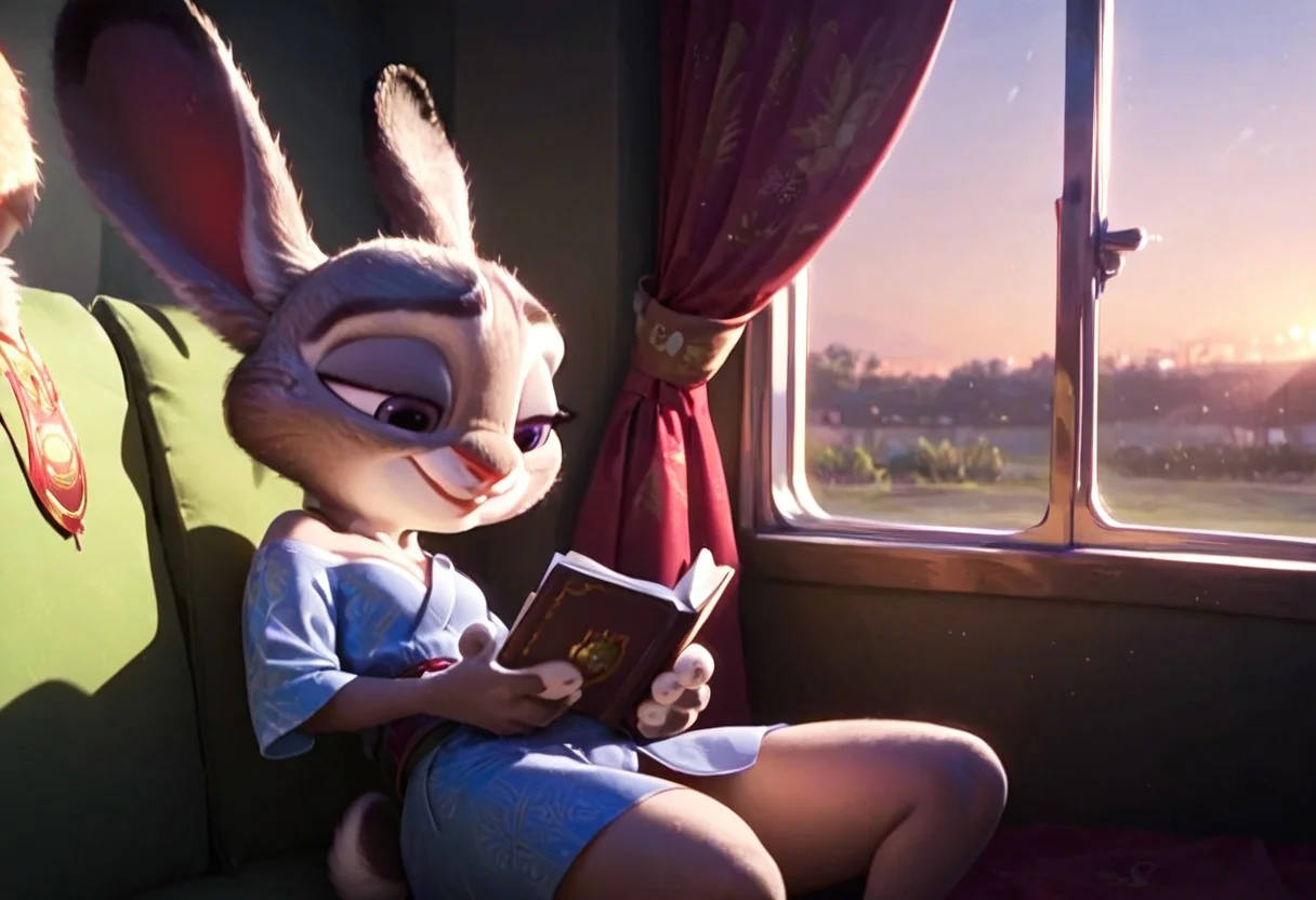 score_9, score_8_up, score_7_up judyhopps \(zootopia\), <lora:judyhopps-v2-ponyv6xl:1> , rabbit ears, curby, shortstack, rabbit girl, small breast, white fur, Expressiveh, volumetric lighting, ultra detailed, cinematic lighting, dramatic lighting, solo, solo focus, sexy pose, sexy, seductive, smile, indoors, relax, relaxing, train, kimono, shadows, sunny, sunset, (holding book with one hand), shadows, closeup, sit in a train, train cabin, train window background, ((reading)), day,