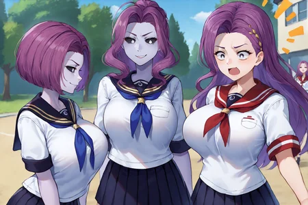 [score_9, score_8_up, score_7_up, score_6_up, source_anime]  blue sky, trees, three girls standing
3girls,  <lora:fehestiamarla-pdxl-nvwls-v1-000007:1> fehestia, white eyes, black sclera, short hair, purple hair, purple skin, large breasts, white shirt, black sailor collar, black pleated skirt, smirk
3girls, femarla, white eyes, black sclera, hair bun, purple hair, sidelocks, purple skin, white shirt, black sailor collar, black pleated skirt, large breasts, smirk
 <lora:sonya-pdxl-feg:1> 3girls, mlsonrnd, long hair, purple eyes, purple hair, large breasts, white shirt, red sailor collar, red pleated skirt, surprised