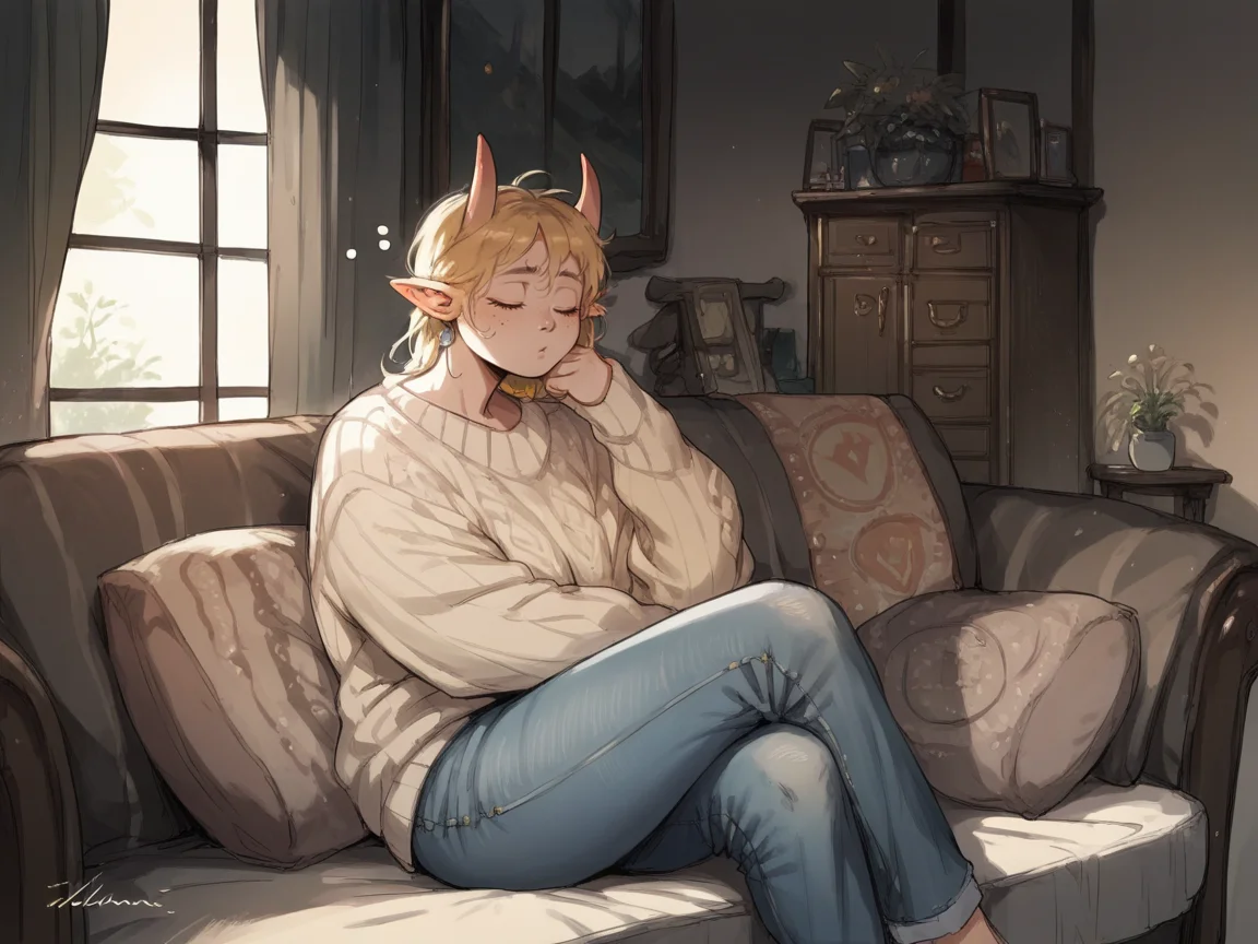 score_9, score_8_up, score_7_up, score_6_up, score_5_up, <lora:1llum1XLP:1> 1llum1, 1girl, demon, curvy, living room, sleepy, sweater, jeans,
