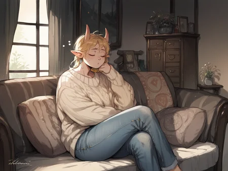 score_9, score_8_up, score_7_up, score_6_up, score_5_up, <lora:1llum1XLP:1> 1llum1, 1girl, demon, curvy, living room, sleepy, sweater, jeans,