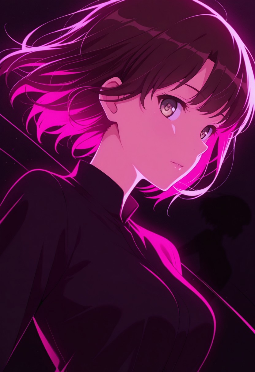 silhouette character, black ink, neon colors, colors splash effect, flowing hair, Masterpiece, clean lines, sharp, focused subject, minimalistic composition, side view, upper body view. blue and pink neon lights, black background, futuristic, katomegumi, 1girl,Megumi <lora:IL-KatoMegumi:0.8>,brown hair,katou megumi,brown eyes,pupils, short hair, medium breasts, dynamic motion, dynamic angle, vibrant colour, looking at viewer