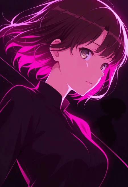 silhouette character, black ink, neon colors, colors splash effect, flowing hair, Masterpiece, clean lines, sharp, focused subject, minimalistic composition, side view, upper body view. blue and pink neon lights, black background, futuristic, katomegumi, 1girl,Megumi <lora:IL-KatoMegumi:0.8>,brown hair,katou megumi,brown eyes,pupils, short hair, medium breasts, dynamic motion, dynamic angle, vibrant colour, looking at viewer
