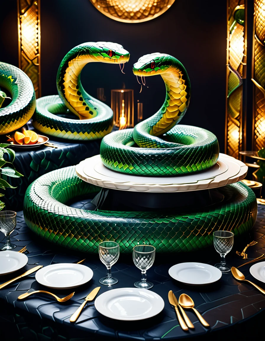 "An immersive banquet table covered with synthetic snake-scale tablecloth, plates and cutlery resembling organic, subtly moving snake forms, surreal dishes designed to look like serpentine shapes, blending grotesque and appetizing, hyperrealistic textures and details, eerie yet elegant atmosphere with dramatic lighting, provoking reflection on food and nature, mysterious and philosophical vibe." <lora:SDXLFaeTastic2400:0.4> <lora:extremely_detailed:0.4> extremely detailed, <lora:sn4ke:1>,sn4ke, Masterpiece,best quality,hi res,8k,hi res,8k,award winning,(sharp focus, intricate, highly detailed),