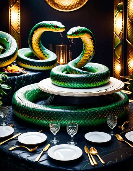 "An immersive banquet table covered with synthetic snake-scale tablecloth, plates and cutlery resembling organic, subtly moving snake forms, surreal dishes designed to look like serpentine shapes, blending grotesque and appetizing, hyperrealistic textures and details, eerie yet elegant atmosphere with dramatic lighting, provoking reflection on food and nature, mysterious and philosophical vibe." <lora:SDXLFaeTastic2400:0.4> <lora:extremely_detailed:0.4> extremely detailed, <lora:sn4ke:1>,sn4ke, Masterpiece,best quality,hi res,8k,hi res,8k,award winning,(sharp focus, intricate, highly detailed),