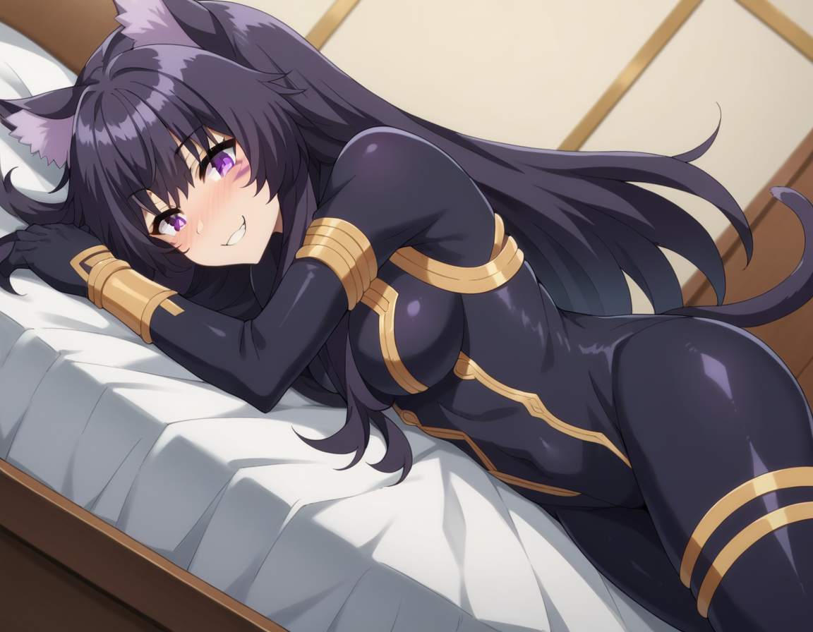 score_9, score_8_up, score_7_up, source_anime,
shadowdelta, <lora:shadow-delta-ponyxl-lora-nochekaiser:1>,
delta, long hair, black hair, animal ears, purple eyes, cat ears, animal ear fluff, facial mark, smile,
bodysuit, black bodysuit,
indoors, bed, bed room, on side, blush, drunk,
looking at viewer, cowboy shot, dutch angle,