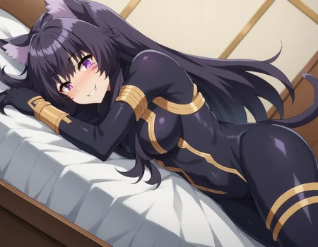 score_9, score_8_up, score_7_up, source_anime,
shadowdelta, <lora:shadow-delta-ponyxl-lora-nochekaiser:1>,
delta, long hair, black hair, animal ears, purple eyes, cat ears, animal ear fluff, facial mark, smile,
bodysuit, black bodysuit,
indoors, bed, bed room, on side, blush, drunk,
looking at viewer, cowboy shot, dutch angle,