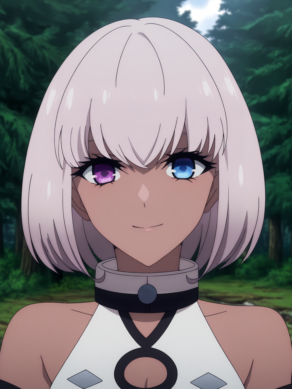 <lora:Alma:0.8>alma, 1girl, solo, dark-skinned, silver short hair, heterochromia, purple left eye, blue right eye, white outfit, black trim, cleavage cutout, choker, detached sleeves, smile, happy, portrait, forest, looking at viewer
