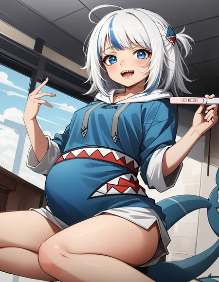 best quality, intricate details, 

1girl, white hair, blue eyes, sharp eyes,messy hair, blue highlights, sharp teeth, 

blue hoodie, shark teeth design, bare legs, hair ornament, gawr gura, shark girl, shark tail, shark print, blue hoodie, sharp teeth, shark hair ornament,  <lora:gawrGuraHololive_v3:0.8>  <lora:pregnancyTest_v10:0.8> pregnancy test, holding,