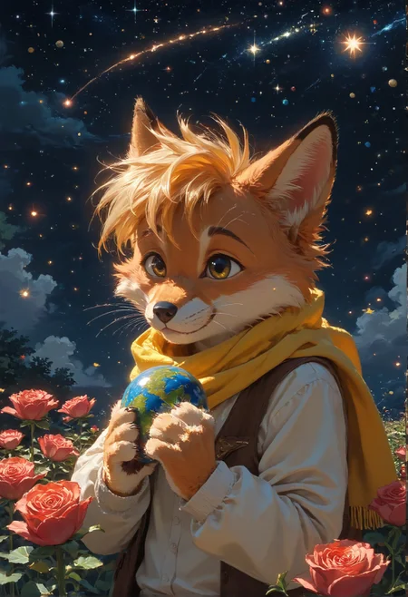 detailed background,Cinematic Lighting,film grain,score_9,score_8_up,score_7_up,zPDXL2,masterpiece,best quality,highly detailed,glowing,hand person,Expressiveh, <lora:(增强)sdxl_lightning_8step_lora:1>,<lora:glowneon_xl_v1:1>, <lora:(增强)Hands XL 4:1>,<lora:(增强)Expressive_H-000001:0.8>, <lora:Vixon\Vixon's Pony Styles Astro:0.8> , little prince, a rose, a fox, little planet, night sky, universe, yellow scarf, yellow hair, 4str0,star \(sky\), earth \(planet\), planet,Le Petit Prince,1child