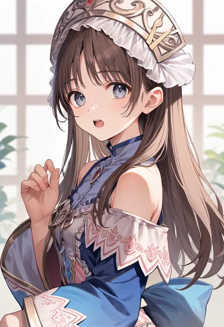 score_9, score_8_up, score_7_up, source_anime, totooria helmold, long hair, brown hair, greyish-blue eyes, 1girl, blue sleeves, solo, open mouth, looking at viewer, bare shoulders