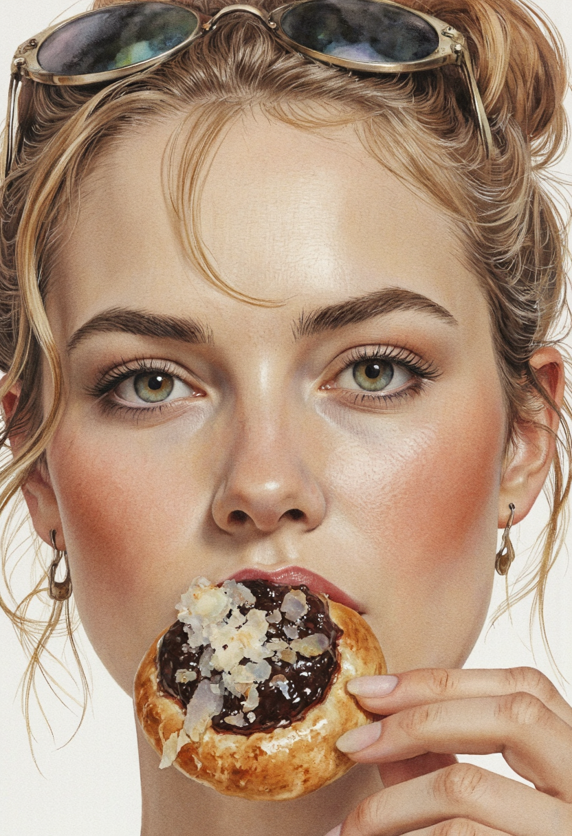 painting of cyberpunk woman eating kolache, watercolor style