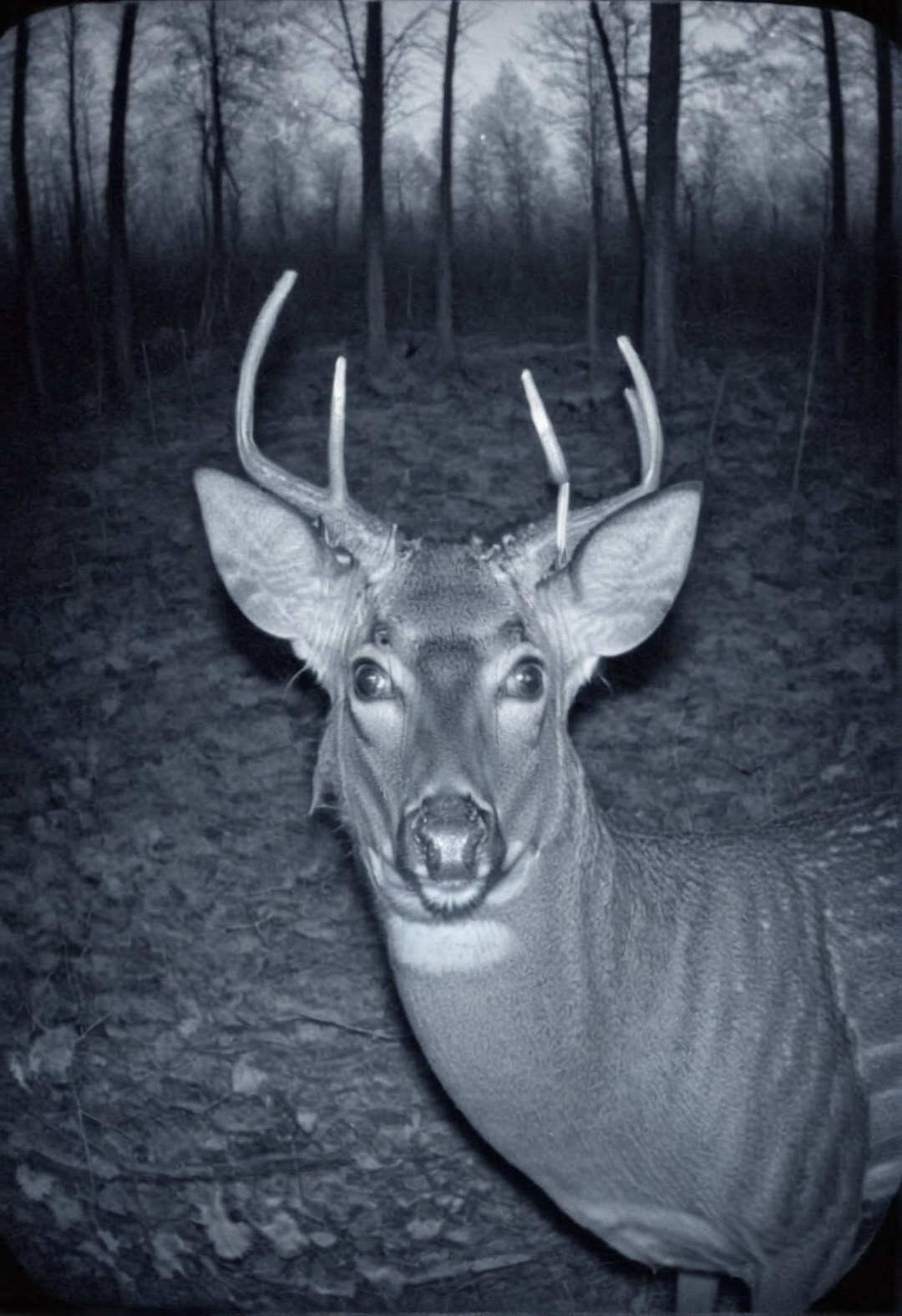 deer looks at the viewer,  camera trap, monochrome   <lora:Camera_trap:1>