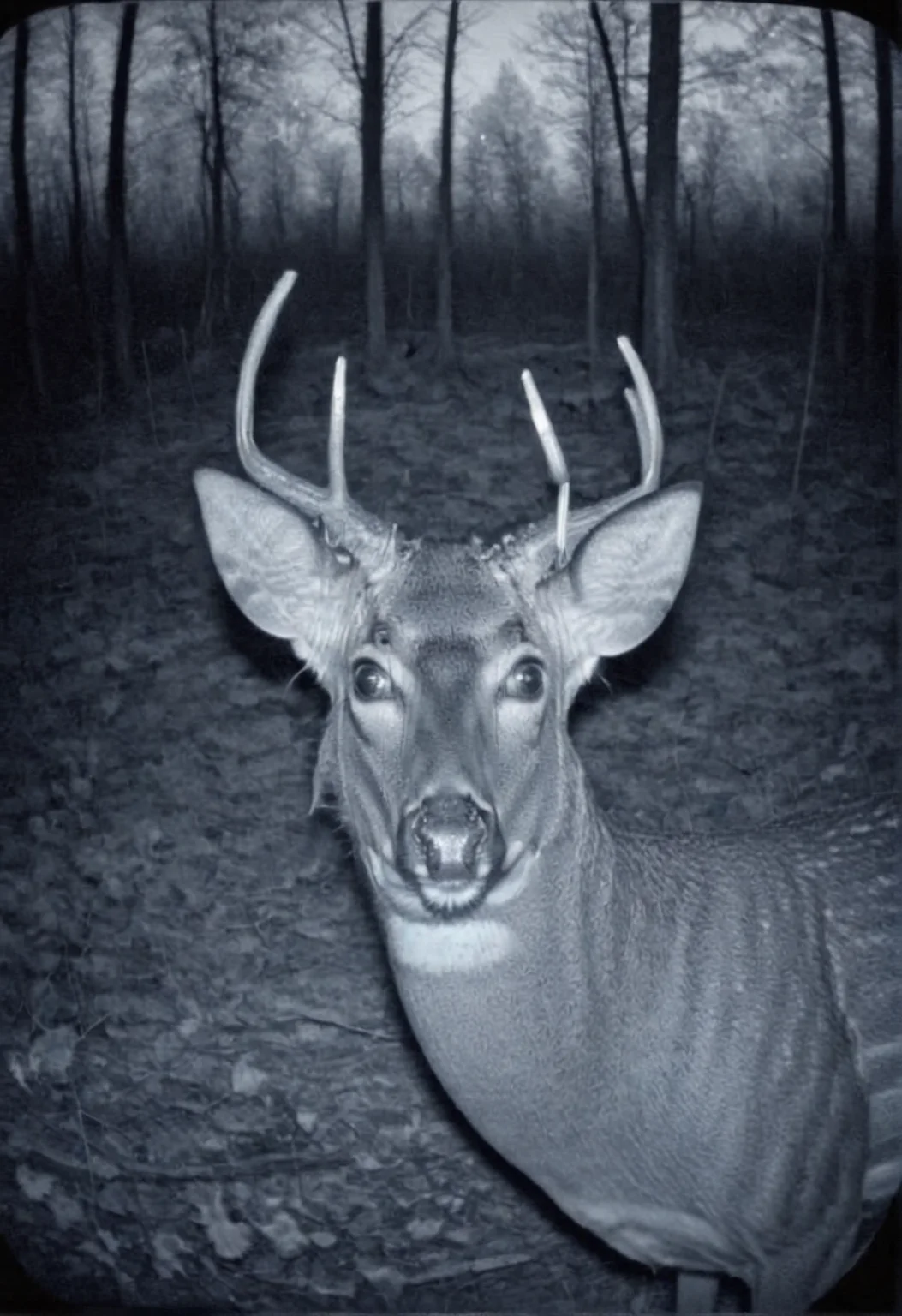 deer looks at the viewer,  camera trap, monochrome   <lora:Camera_trap:1>