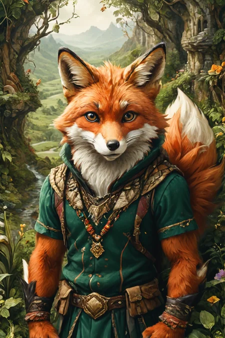 Detailed digital portrait of an anthro Fox at a Hidden valley with lush vegetation, <lora:xl_more_art-full_v1:0.5>, <lora:The_Crazy_Style:0.7> <lora:anthro_muscular:0.7>
