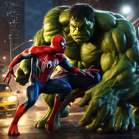Spider-Man and the Hulk teaming up to stop a rampaging monster.,professional,4k,highly detailed,ArtStation,realistic,dramatic lighting,night,