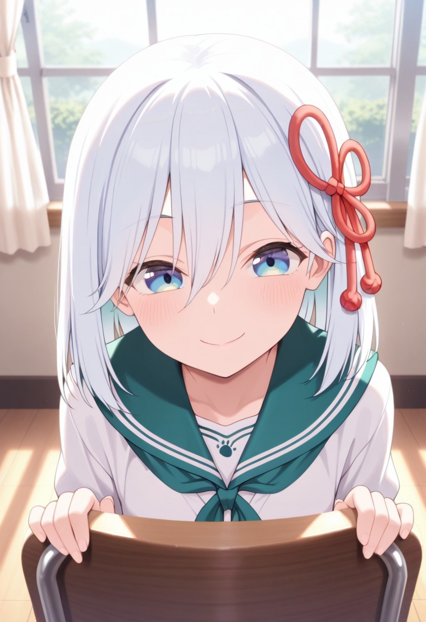 masterpiece,best quality,amazing quality, amagami asahi, blue-white hair, blue eyes, 1girl, solo, school uniform, smile, window, curtains, sailor collar, serafuku, indoors, hair ornament, chair, green sailor collar, closed mouth, hair between eyes