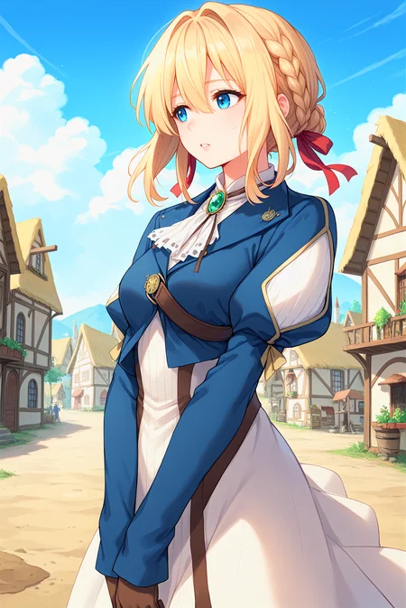 score_9, score_8_up, score_7_up, score_6_up, anime source, anime style,
<lora:P-VioletEvergarden:1> v10l3t, 1girl, solo, blonde hair, blue eyes, braid, hair ribbon, red ribbon, bangs, hair between eyes, hair intakes,
blue jacket, brooch, long sleeves, jewelry, white ascot, puffy sleeves, white long dress, brown gloves,
medium breasts, inexpressive, parted lips, eyelashes, looking away,
town, medieval town background, old house, dirt road, blue sky, clouds,