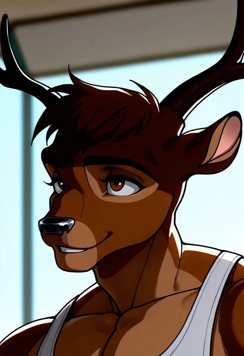 <lora:Bambi_KappaX:1>, bambi, kappaX, deer, antlers, light brown fur, brown eyes, perfecteyes, short hair, furry male, furry, solo, 1boy, anthro, muscular, bara, athletic build, large pectorals, beautiful, hyper-detailed, depth of field, highres, absurdres, HD, very aesthetic, high sharpness, beautiful vibrant colors, dynamic angle, semi-realistic lighting, detailed background, gym, white tank top, dolphin shorts, face focus, close up, portrait, smile, teeth, (artist:syuro:0.8), (artist:nomax:0.5), (artist:honovy:0.6), (artist:kenket:0.6), (artist:taran fiddler:0.6)